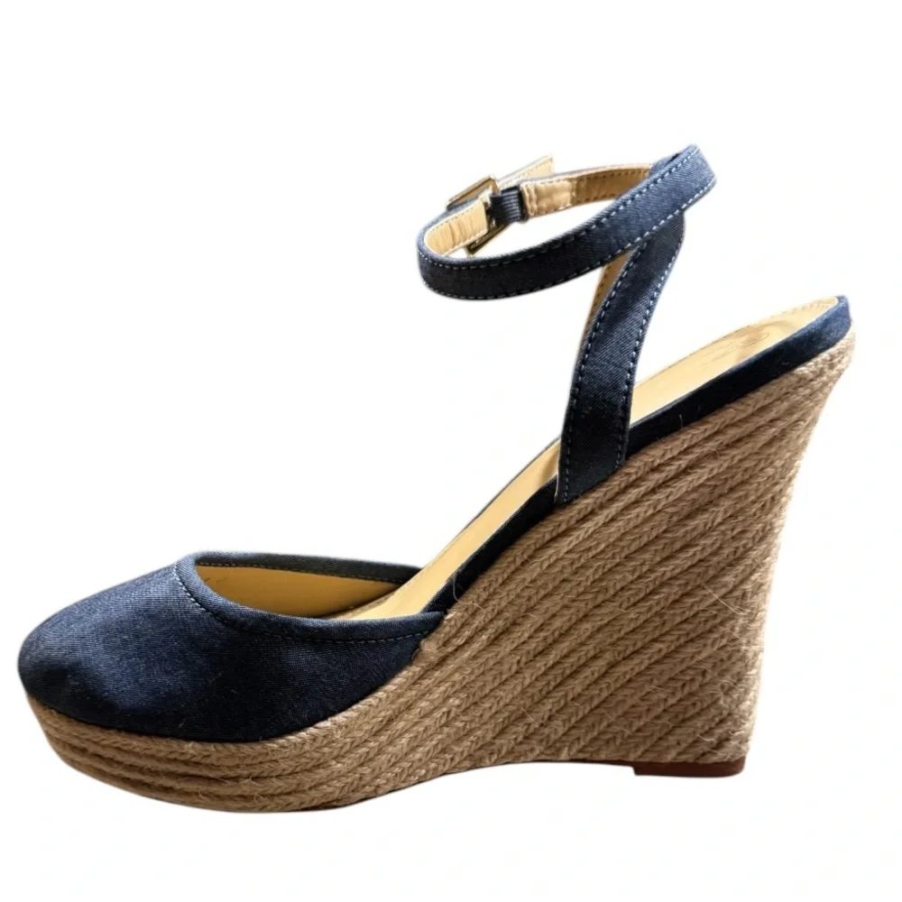 EUC Victoria's Secret ESPADRILLE NAVY CANVAS ANKLE STRAP WEDGE SANDAL …